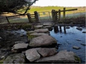 Stepping stones across a stream to a metal gate leading to a field